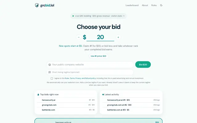 Screenshot of GRC Bid — The GRC leaderboard