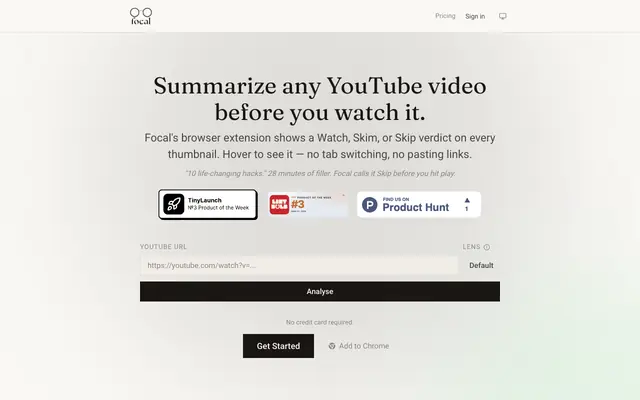 Screenshot of Focal — AI YouTube Summarizer. Watch, Skim, or Skip in Seconds.