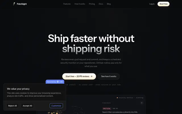 Screenshot of Patchlight — AI code review & security monitoring for GitHub