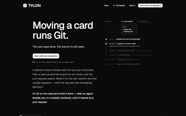 Screenshot of Tylon — moving a card runs Git