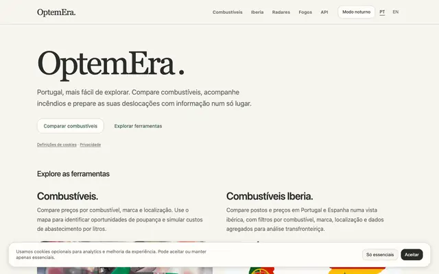 Screenshot of OptemEra | Combustíveis, Fogos e Radares em Portugal