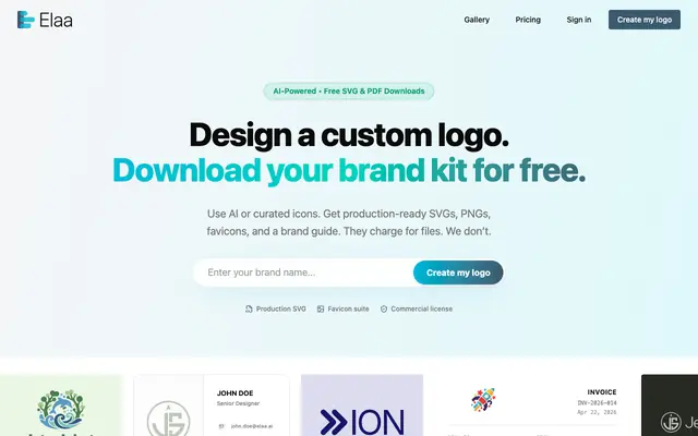 Screenshot of Free AI Logo Maker & Brand Kit | Elaa