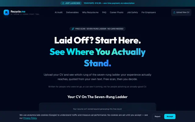 Screenshot of Rezycle.me | Free ATS Resume Checker & Career Pivot Blueprint