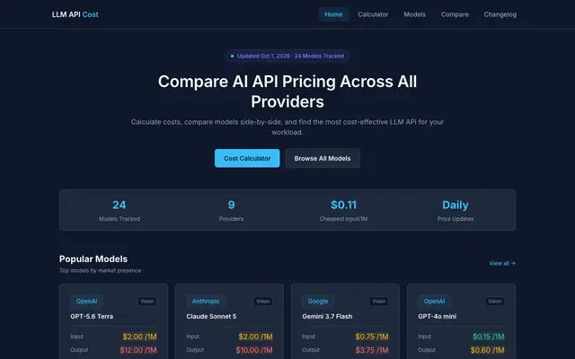 Screenshot of Compare AI API Pricing — LLM Cost Calculator 2026 | LLM API Cost