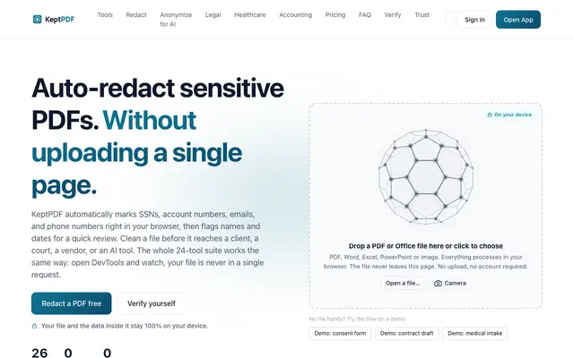 Screenshot of KeptPDF — PDF tools without the upload