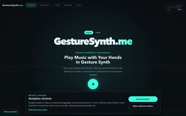 Screenshot of Gesture Synth — Free Webcam Music Maker, Play Online Now