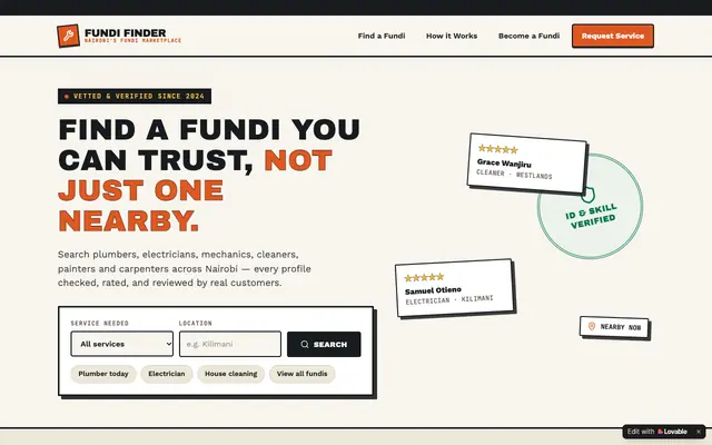 Screenshot of Fundi Finder — Trusted Fundis Near You