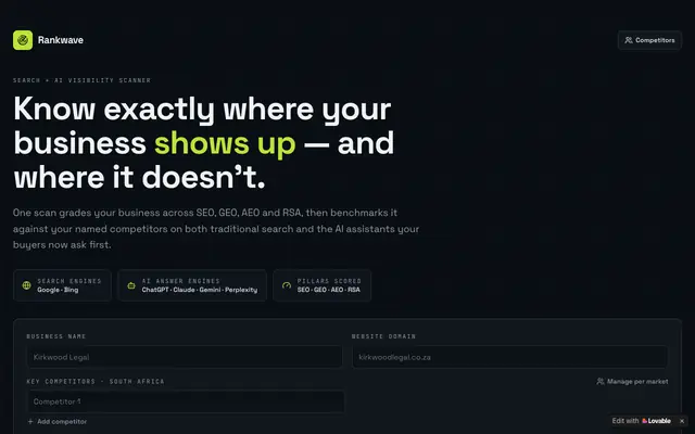 Screenshot of Rankwave — SEO, GEO, AEO & RSA visibility scanner