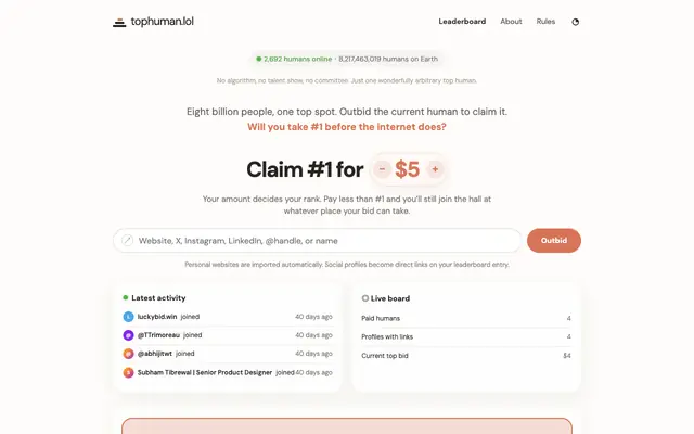 Screenshot of Top Human — Claim the Internet’s #1 Human Spot