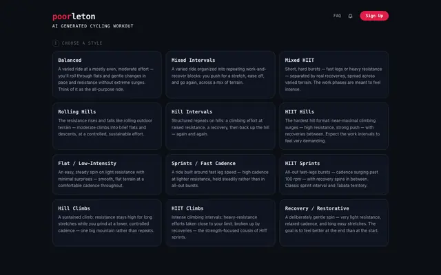 Screenshot of Poorleton — AI Generated Cycling Workout