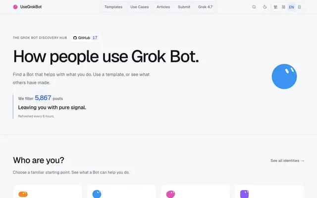 Screenshot of UseGrokBot — How people use Grok Bot.