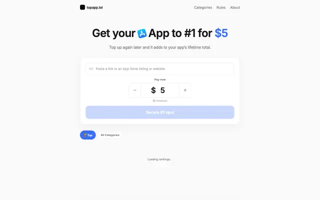 Screenshot of topapp.lol — Pay your way to #1