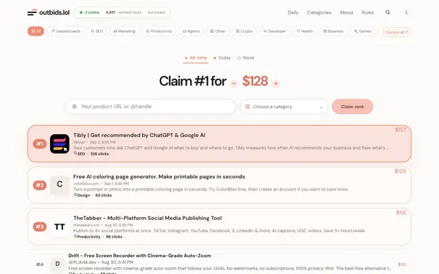 Screenshot of outbids.lol — Outbid your competition