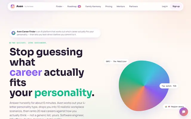 Screenshot of Free Personality Test & Career Finder — Discover Your Ideal Career | Aven Academ
