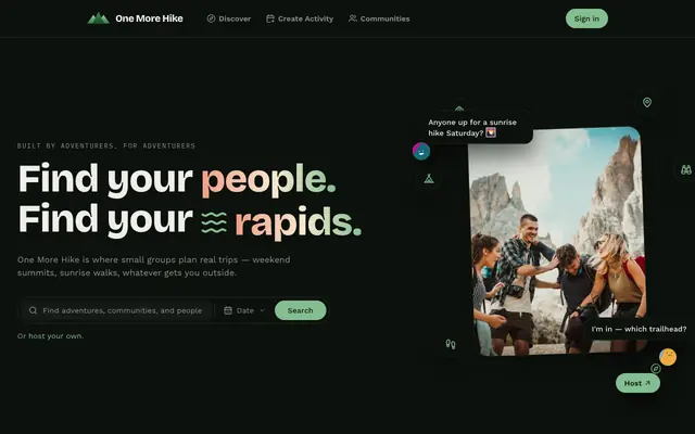 Screenshot of One More Hike — Find your people. Find your trail.