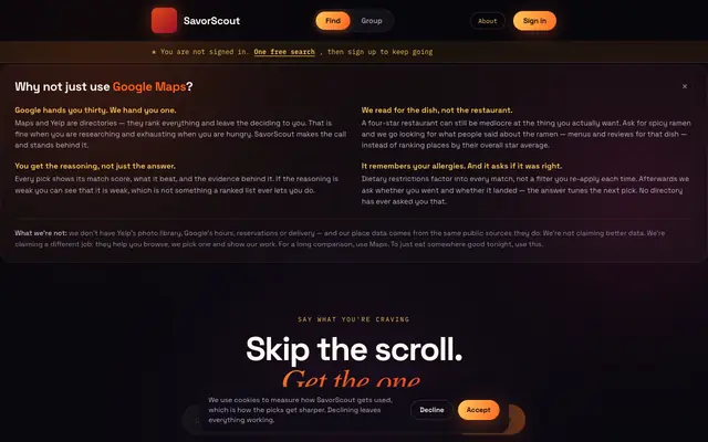 Screenshot of Savor Scout | Can't decide where to eat? One pick, not a list.