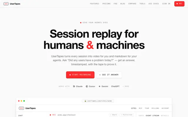 Screenshot of Session replay for humans & machines | UserTapes