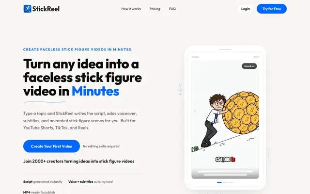 Screenshot of StickReel — Faceless stick figure videos for Shorts, TikTok & Reels