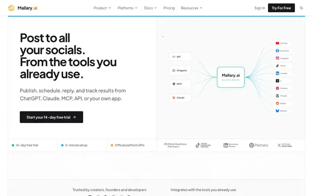 Screenshot of Mallary.ai: The Best Social Media Posting API for Developers & AI Agents