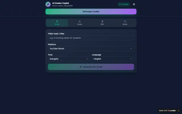 Screenshot of AI Creator Copilot — Shorts & Reels Scripts, Hooks, SEO