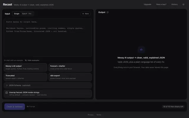 Screenshot of Recast — Clean, valid, explained JSON from messy AI output