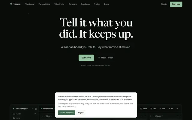 Screenshot of Tarsen: the Kanban board you can talk to · Tarsen