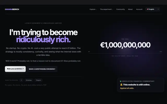 Screenshot of IWANNABERICH — I'm trying to go from €0 to €1 billion in public.