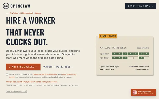 Screenshot of OpenClaw AI Worker | $40/month | 8Examples Inc.