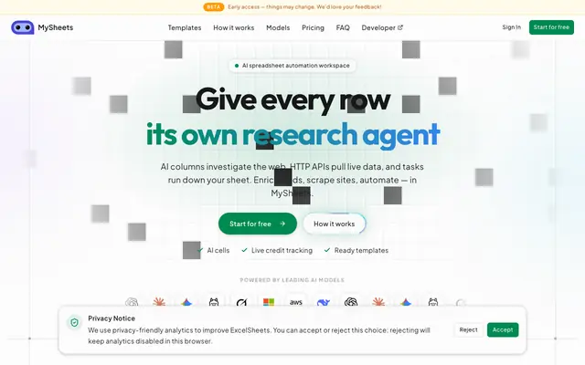 Screenshot of MySheets · Enrich your data with AI research agents