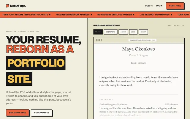 Screenshot of DebutPage — Turn your resume into a portfolio website