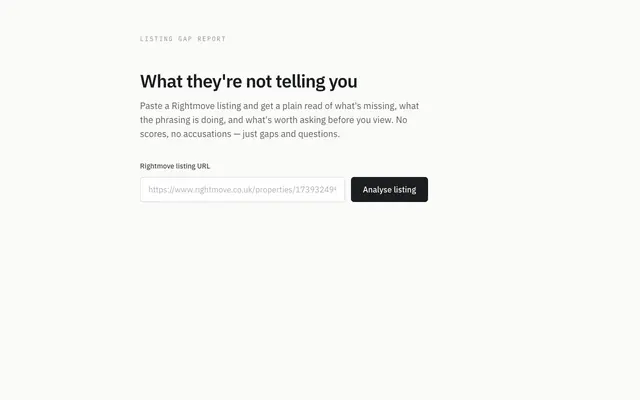 Screenshot of Listing Gap Report — what a Rightmove listing isn't telling you