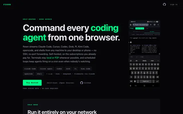 Screenshot of ftown — Remote coding agent orchestration