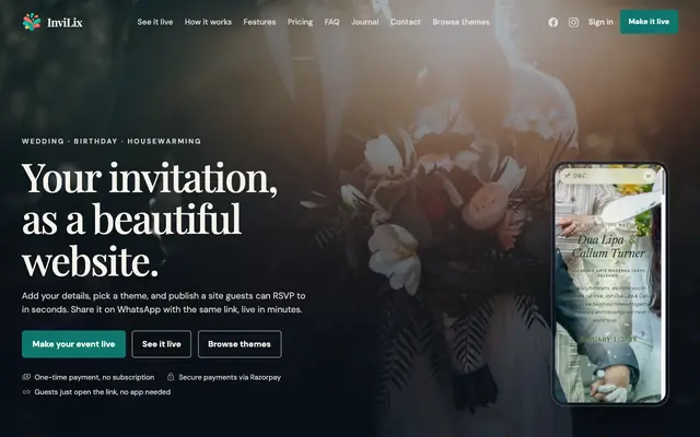 Screenshot of InviLix — Build Your Event Website in Minutes