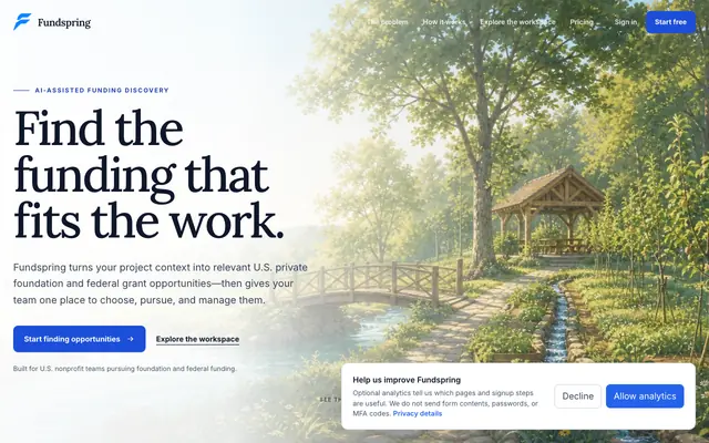 Screenshot of Fundspring | AI Grant Finder for U.S. Nonprofits