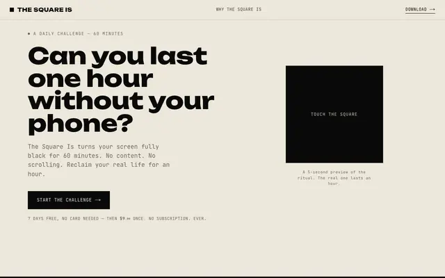 Screenshot of The Square Is — one-hour daily phone detox ritual (iOS app & Android PWA)