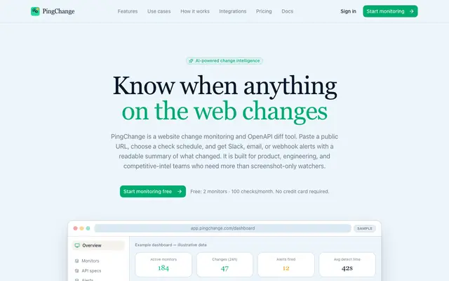 Screenshot of Website Change Monitoring & API Diff Alerts | PingChange