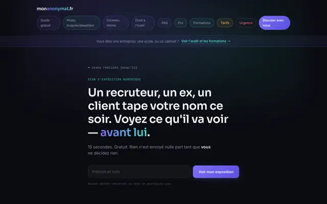 Screenshot of monanonymat.fr — Reprenez le contrôle de votre exposition numérique