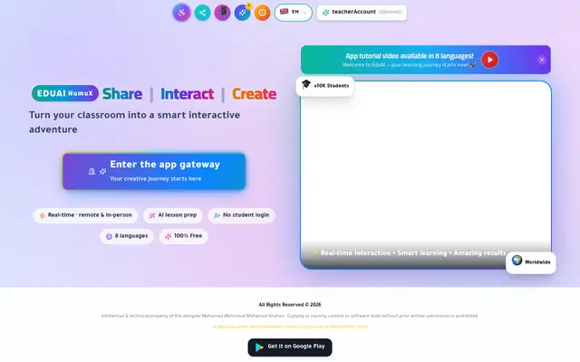 Screenshot of EduAI · Free Kahoot Alternative — Whiteboard, Quizzes & AI