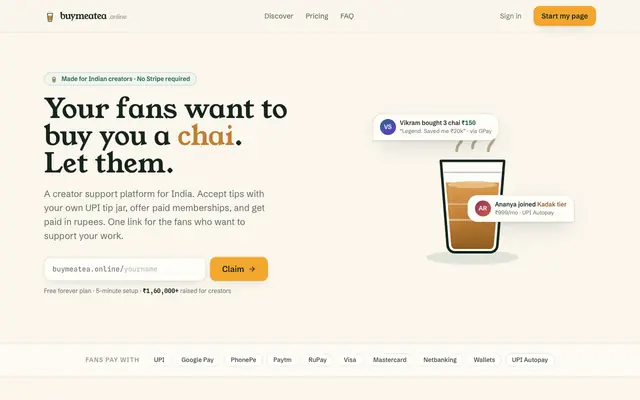 Screenshot of BuyMeATea — Get support from your fans, the Indian way
