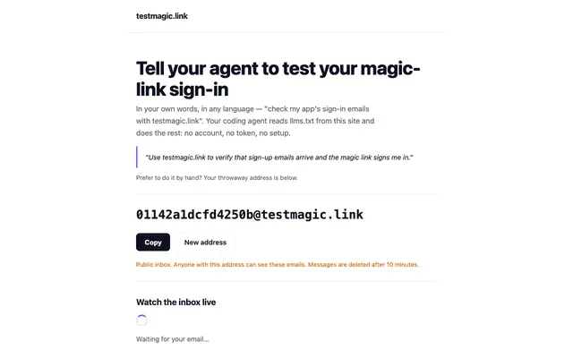 Screenshot of testmagic.link — let your coding agent test magic-link sign-in
