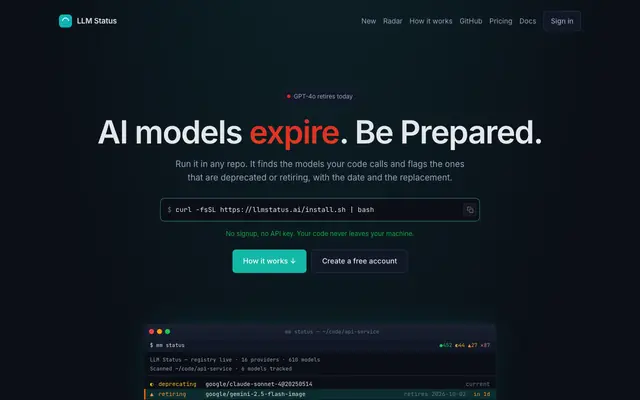 Screenshot of LLM Status — AI model deprecation tracker & CLI checker