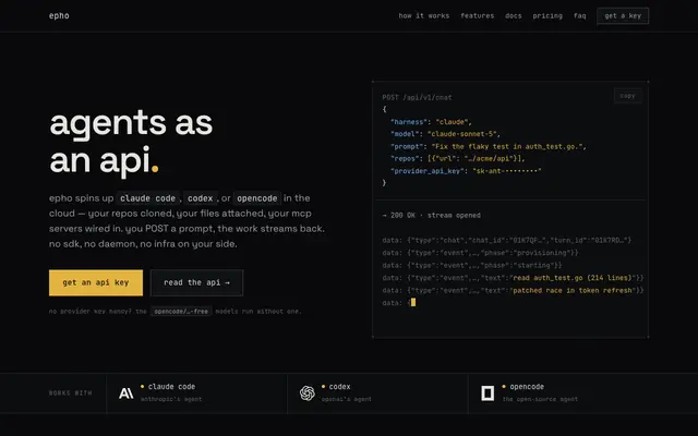 Screenshot of epho — agents as an api