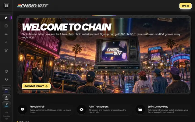 Screenshot of Chain.wtf — On-Chain Entertainment Platform | Crypto Casino, PvP, No KYC