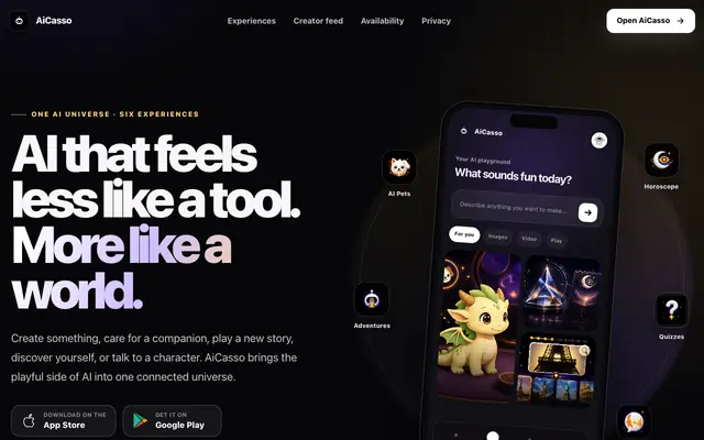 Screenshot of AiCasso — One AI Universe, Six Experiences