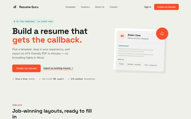 Screenshot of Resume Guru | Online resume builder