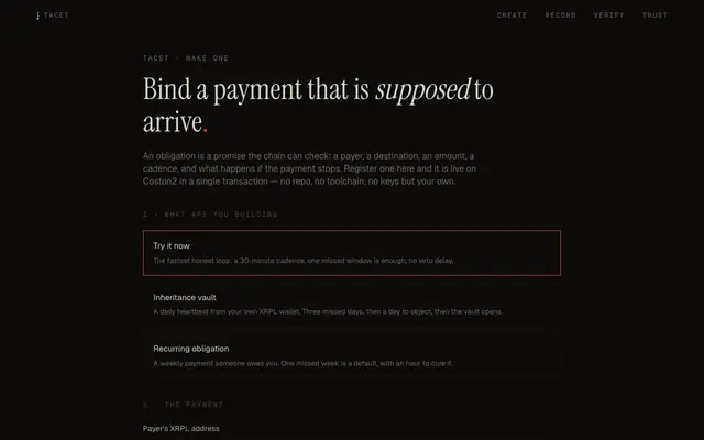 Screenshot of Create an obligation — Tacet