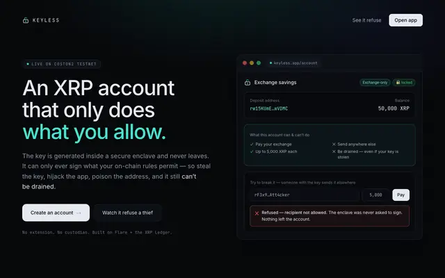 Screenshot of Keyless — an XRP account that only does what you allow