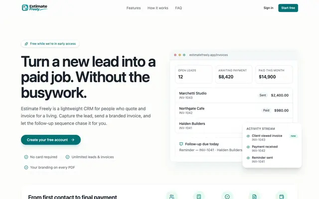 Screenshot of Estimate Freely — Leads, branded invoices & follow-ups