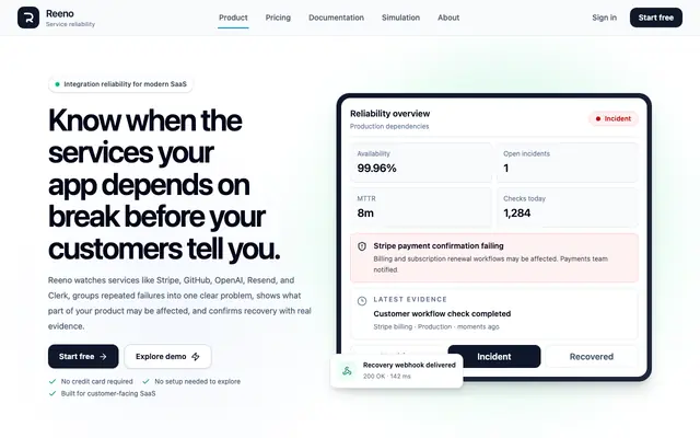 Screenshot of Reeno — Service Reliability for SaaS
