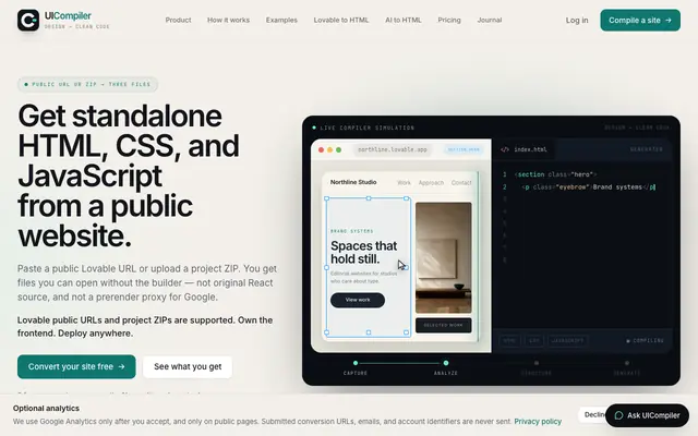 Screenshot of Convert Lovable Sites to Clean HTML, CSS & JS | UICompiler